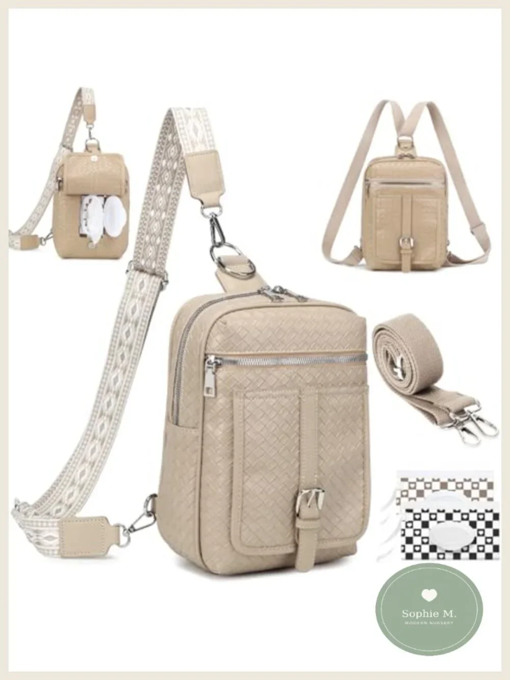 Mini Diaper Bag Crossbody Sling with Instant Wipes Pocket Vegan Leather